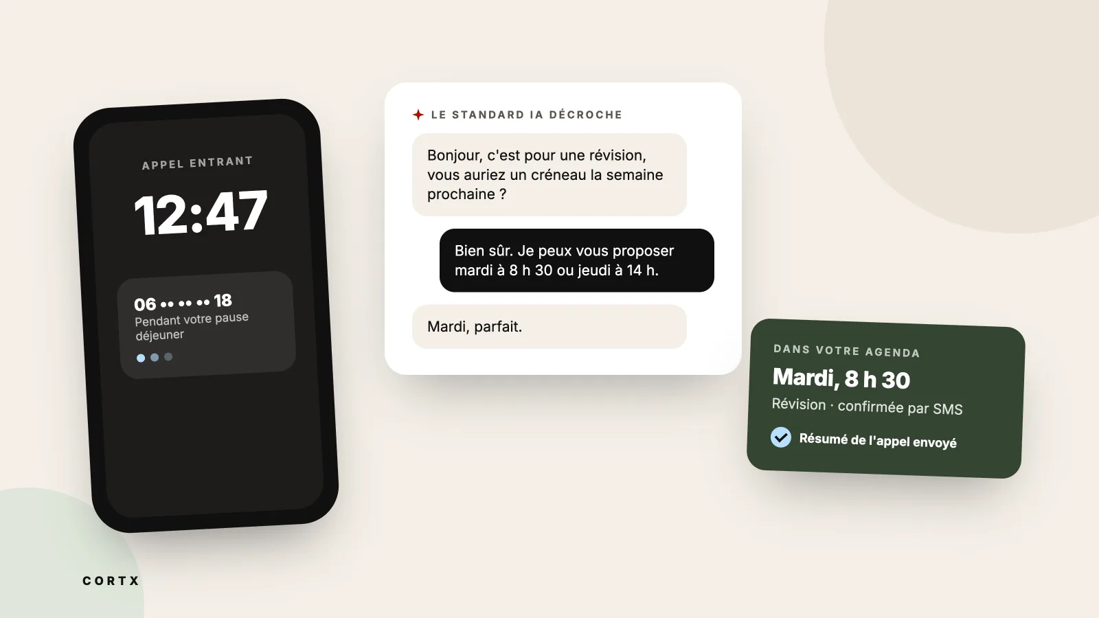Un appel arrive à 12 h 47 pendant la pause déjeuner, le standard IA décroche, propose deux créneaux et inscrit le rendez-vous du mardi dans l'agenda.