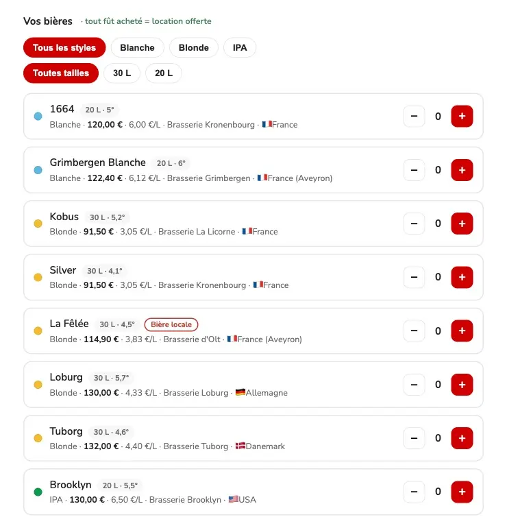 Choix des fûts, avec filtres par style et par taille et prix au litre